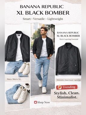 Banana Republic Black Bomber Jacket Full Zip Lightweight Minimalist Preppy Coat